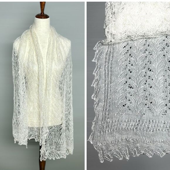 Goat Wool Lace Knit Oblong Shawl Scarf Handmade Russian Orenburg Style Ivory